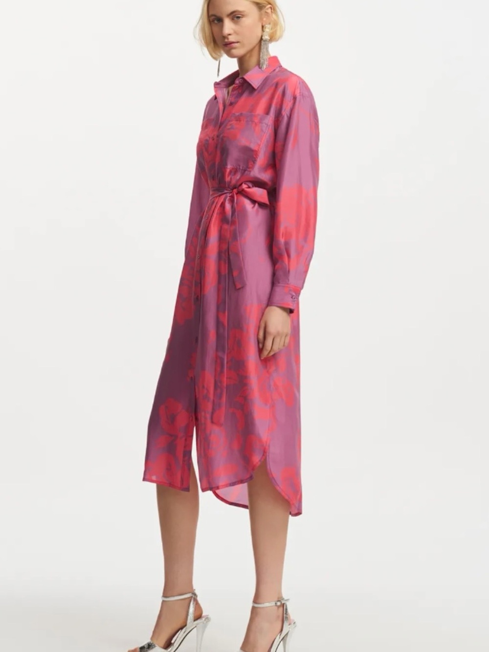 Essentials Purple Midi Shirt Dress with Coral Floral Print